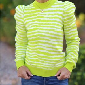 House of Holland bright neon green and white zebra striped pullover knit sweater